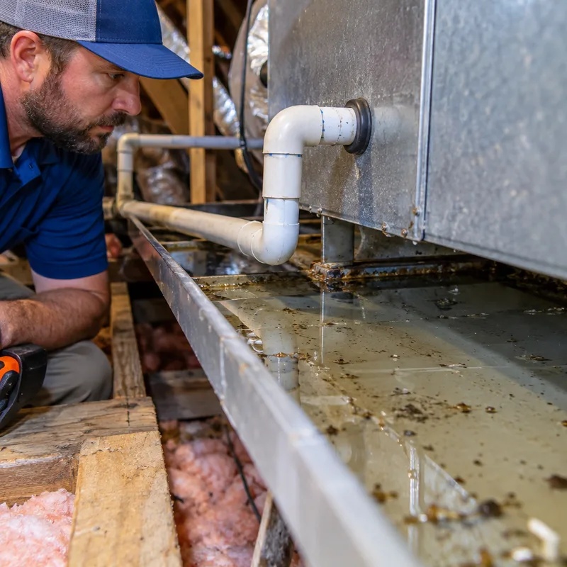 Water in a secondary drain pan near a residential attic air handler