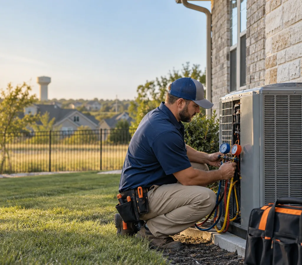 HVAC contractor diagnosing a residential outdoor AC condenser in Burleson, Texas