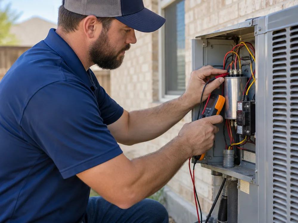 Technician checking an AC condenser capacitor and electrical connections