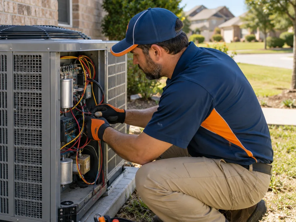 Technician checking wiring and components inside an outdoor AC condenser