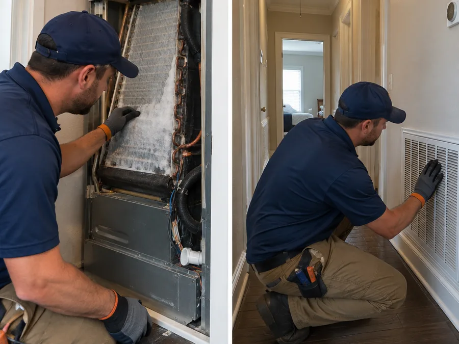 Contractor inspecting a residential evaporator coil and return airflow